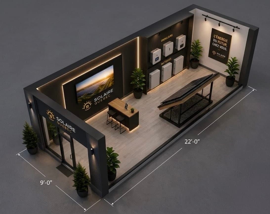 Aménagement du showroom Solaire Québec : panneaux, onduleurs et batteries