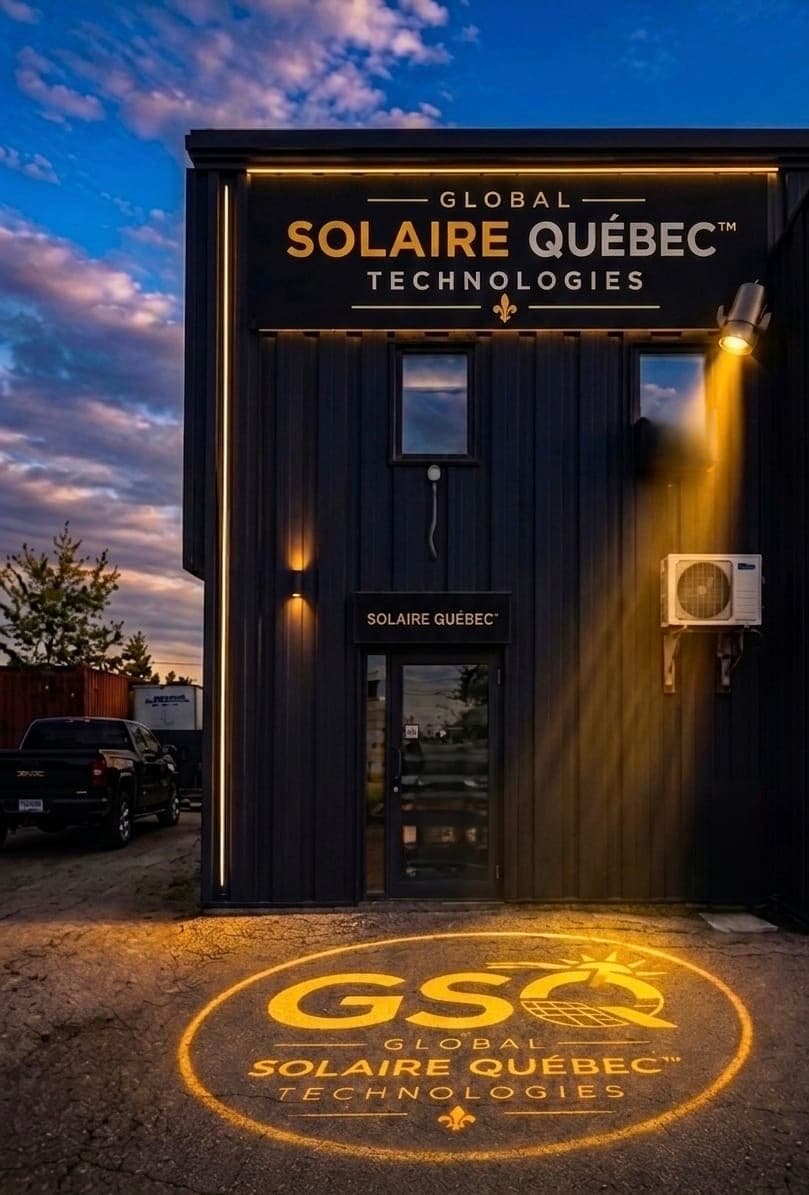 Le magasin Global Solaire Québec Technologies au crépuscule, logo GSQ projeté au sol